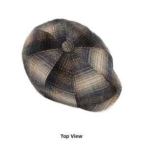 Vue de dessus de la casquette gavroche à carreaux classique en tweed de laine bleu et marron