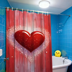3D red heart on dark red wood pattern bathroom shower curtain with white hooks