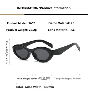 Detailed size specifications for oval frame sunglasses showing dimensions and weight