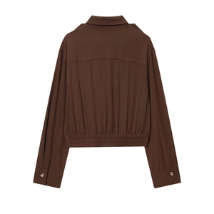 Chemisier court marron à manches longues avec taille plissée et pattes d'épaule