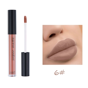 Detailed macro view of matte nude liquid lipstick 6# showing velvet texture and application
