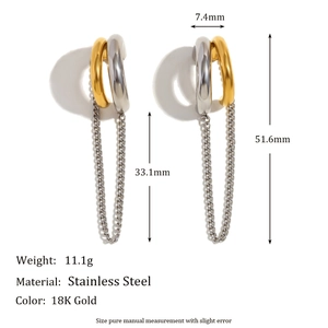 Two-tone stainless steel chain earrings with 18K gold plating and sizing details