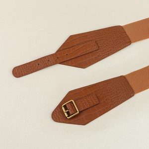 Brown crocodile embossed leather elastic wide waist belt with bronze metal buckle