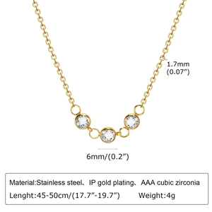 Detailed dimensions of gold stainless steel necklace with three cubic zirconia stones