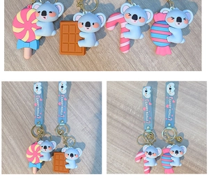 Détails de porte-clés koala en PVC avec dragonnes et clochettes dorées sur bois