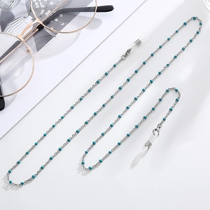 Fashionable turquoise beaded glasses chain with silver metal links and non-slip rings