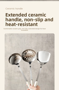 Macro detail of long ceramic handle on stainless steel utensils with non-slip grip