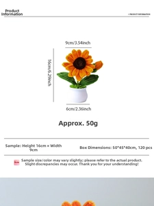 Detailed view showing dimensions of handmade pipe cleaner sunflower in a white pot