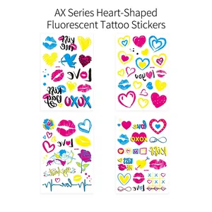 Neon heart tattoo stickers with red lips and Cupid's arrow for party and body art decor