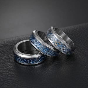 Bague rotative en acier titane pour hommes avec motif de dragon mythique bleu et or
