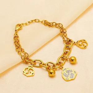 Double-layered rose gold bracelet with camellia charms and white zircon pavé setting