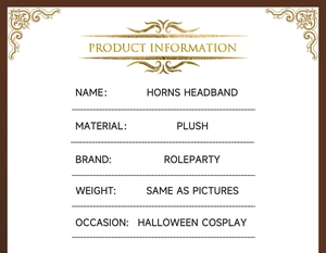 Detailed product card for Halloween plush horns headband showing material and brand info