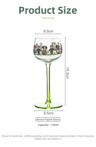 Detail view of 150ml wine glass featuring Alsace figure prints and green glass stem