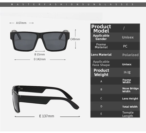 Detailed size chart for polarized sunglasses showing frame dimensions and PC material specs