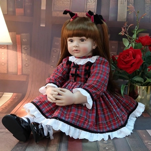 Realistic 60cm reborn toddler girl doll in red plaid dress with brown long hair and bow