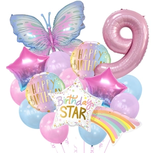Detail of pink number 9 and butterfly foil balloons for girls' birthday party decor