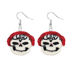 Creepy skull ghost earrings with red hair design for Halloween themed jewelry style