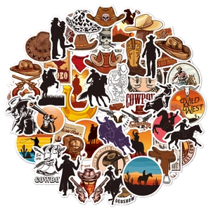 Detail of Western cowboy stickers featuring boots, hats and cacti with vintage aesthetics