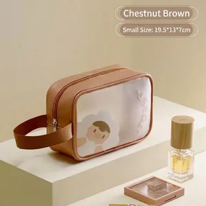 Chestnut brown cosmetic bag with toast lamb illustration and side transparent window