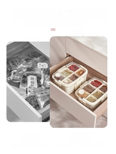 Kitchen drawer comparison showing organized clear spice boxes with six compartments