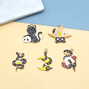 Gothic Enamel Cat And Snake Charms Alloy Pendants For DIY Jewelry Making Keychain Necklace Dark Style Skull Moon Wizard Hat