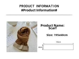 Detailed product card showing a brown and beige knit scarf with size dimensions