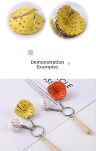 Detailed macro view of 3-in-1 baseball keychain set with glove, ball and wooden bat