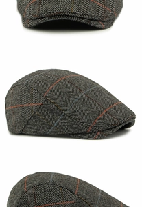 Multi-angle views of grey herringbone wool flat cap with red and blue windowpane patterns