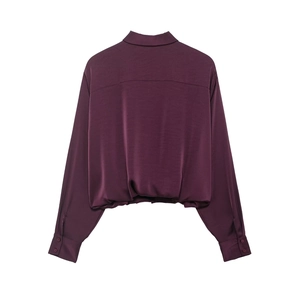 Magenta long sleeve poplin shirt for women with satin finish and back pleated hem details
