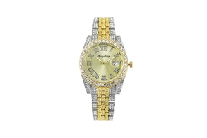 Detail of two-tone crystal ladies watch with Roman numerals and calendar display