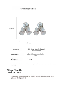 Detail of bow earrings with crystals and pearls on silver pins shown with dimensions