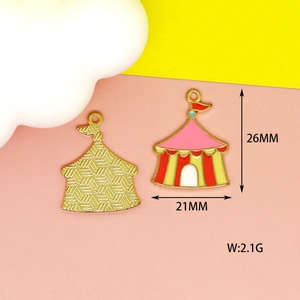 Front and back detail of circus tent enamel charm with dimensions and gold texture