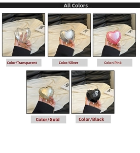 Detail view of heart shaped acrylic evening bags in five colors with metal chains