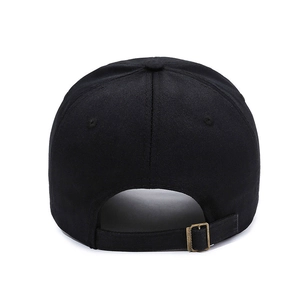 Classic black cotton baseball cap seen from the back with adjustable bronze buckle