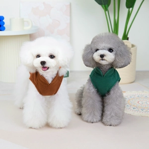 Detail of soft fleece dog vests in brown and green colors on two small sitting dogs