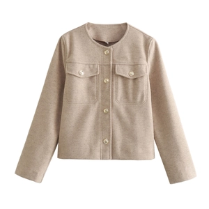 Short oatmeal tweed jacket for women featuring round neck and gold embossed buttons