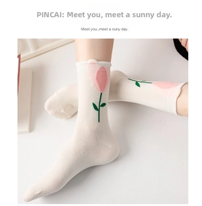 Detailed view of mid-calf cotton socks with pink tulip knit pattern in off-white finish