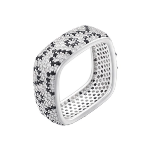 Close-up of square ring with black and white pavé cubic zirconia leopard pattern detail