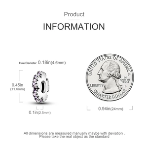 Detailed dimensions of silver flower bead charm with purple zircons and size comparison