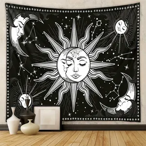 Sun Moon Star Zodiac Wall Tapestry Polyester Black White Astrology Gothic Bohemian Aesthetic Bedroom Decor