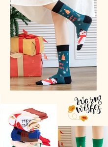 Detailed knit patterns of Santa and snowman on festive cotton Christmas socks