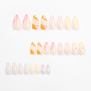 Short almond press-on nails with colorful stripes mermaid pearl designs and rhinestones