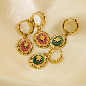 Bohemian 14K gold plated stainless steel starburst oval natural stone earrings