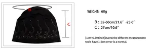 Size chart showing head circumference 55-60cm for the black rhinestone knit beanie