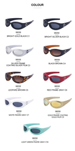 Multiple Y2K sports sunglasses displayed in various colors including black and silver