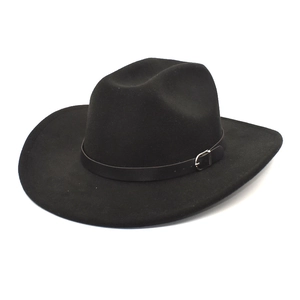 Wide Brim Fedora Hat Woolen Felt Cowboy Jazz Cap With Leather Belt Buckle Solid Color For Women Men