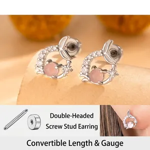 Mermaid Tail Ear Cartilage Stud Earring Copper With Zircon Pink Stone Elegant Minimalist Piercing Jewelry For Women