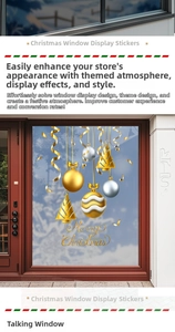 Close-up of golden and silver Christmas window stickers with Merry Christmas text decoration