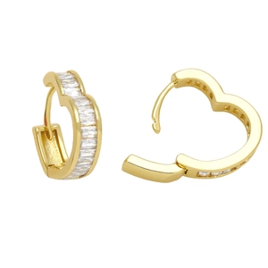 Golden heart-shaped hoop earrings with rectangular baguette cubic zirconia inlay