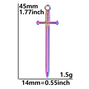 Macro view of rainbow plated sword pendant with dimensions of 45mm by 14mm